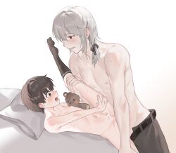  2boys absurdres age_difference bar_censor belt blush brown_eyes brown_hair brown_socks censored commentary_request grey_hair highres holding_another&#039;s_leg kiino_(keeeno_7th) long_hair lower_teeth_only lying male_focus multiple_boys navel nude on_back open_mouth original pants penis pillow red_eyes short_hair shota socks spread_legs stuffed_animal stuffed_toy sweatdrop tearing_up teddy_bear teeth tongue trembling white_background yaoi 