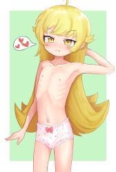 1girl :3 absurdres arm_at_side arm_behind_head arm_up blonde_hair blush bow bow_panties collarbone cowboy_shot dot_nose emaciated eyebrows eyelashes fang female_focus highres kommandoh loli long_hair looking_at_viewer matching_hair/eyes monogatari_(series) naughty_face navel oshino_shinobu panties pink_bow pink_panties ribs smile solo standing topless_female underwear vampire variant_set yellow_eyes