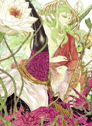  1boy 1girl absurdres black_hair bracelet closed_mouth commentary covered_face english_commentary facial_mark fate/extra fate/extra_ccc fate_(series) flower forehead_mark green_hair highres horn_ornament horn_ring horns indian_style jewelry leaf long_earlobes long_sleeves looking_away male_focus mudra multicolored_hair necklace nipples philocne pink_hair plant saver_(fate/extra) sessyoin_kiara sitting skeleton streaked_hair veil vines white_flower 