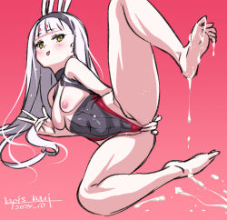  1girl :p arm_behind_back azur_lane barefoot black_leotard blush breast_cutout breasts breasts_out brown_eyes covered_navel covering_anus cum cum_on_body cum_on_feet cumdrip feet groin hairband hand_on_own_ass highleg highleg_leotard highres leg_up legs leotard long_hair lying nipples on_side pink_background shimakaze_(azur_lane) simple_background smile soles solo spread_legs thighs toes tongue tongue_out umyonge_(lkakeu) v white_hair 