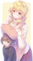  1boy 1girl absurdres age_difference apron behind_another black_jacket blonde_hair blush border breast_rest breast_suppress breasts breasts_on_head brown_hair brown_sweater closed_mouth cowboy_shot gakuran green_eyes hair_between_eyes height_difference highres jacket large_breasts medium_hair nyaa_(nnekoron) onee-shota open_mouth outside_border pink_apron pleated_skirt red_skirt ribbed_sweater school_uniform shiina_aki short_hair shota skirt smile sunohara_ayaka sunoharasou_no_kanrinin-san sweater white_border yellow_background yellow_eyes 