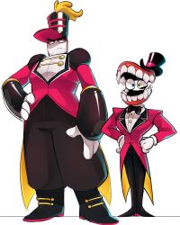  2boys boots burrotello caine_(the_amazing_digital_circus) coat fight_club full_body gloves hand_on_own_hip hands_on_own_hips hat heterochromia highres multiple_boys ribbon serious size_difference smile soldier the_amazing_digital_circus white_background 