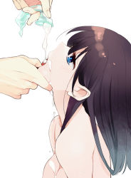 1boy 1girl black_hair blue_eyes breasts brown_hair condom condom_drain cum cum_in_mouth cum_on_body cum_on_breasts cum_on_upper_body drinking_from_condom facial feeding finger_in_another&#039;s_mouth gokkun grabbing_another&#039;s_chin hand_on_another&#039;s_chin long_hair medium_breasts open_mouth original pouring_from_condom profile shino_satoru simple_background solo_focus tears topless_female used_condom white_background rating:Explicit score:410 user:danbooru