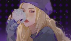  1girl aespa blush commentary eyeshadow fingerless_gloves gloves gradient_background hat highres holding karina_(aespa) long_hair long_sleeves looking_at_viewer makeup mascara mole parted_lips purple_eyes purple_nails real_life red_eyeshadow red_lips solo yuanwei_shaoya 