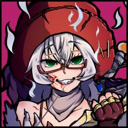  aura blood blood_on_face bow_(weapon) bra_strap brown_gloves commentary_request fingerless_gloves glasses gloves green_eyes grey_hair grey_scarf grin hat holding holding_bow_(weapon) holding_weapon long_hair looking_at_viewer lowres pink_background portrait ragnarok_iris ragnarok_online ranger_(ragnarok_online) red-framed_eyewear red_hat scarf semi-rimless_eyewear smile solo top_hat under-rim_eyewear upper_body weapon white_hair 