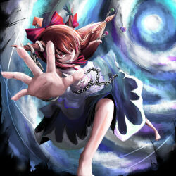  barefoot bow brown_horns chain cloud cloudy_sky cuffs foreshortening full_moon gourd hair_bow horn_ornament horn_ribbon horns ibuki_suika incoming_attack kagikake long_hair looking_at_viewer moon night oni open_hand orange_hair perspective red_bow red_eyes red_ribbon ribbon shackles sky solo spell_card touhou 