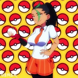  1girl alternate_breast_size animated artist_name benek black_hair bouncing_breasts breasts dark-skinned_female dark_skin freckles green_hair hand_on_own_hip holding holding_poke_ball large_breasts looking_at_viewer multicolored_hair navel nemona_(pokemon) nintendo orange_eyes poke_ball pokemon pokemon_(game) pokemon_sv ponytail seductive_smile shorts smile solo standing streaked_hair tagme two-tone_hair video  rating:General score:27 user:fakyuh