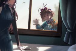 2girls ahoge backlighting black_hair black_sleeves blue_bow blue_dress blue_eyes blue_scarf bow box brown_hair curtains day dress flutterpage hair_bow hand_up head_out_of_frame high_collar highres holding holding_box indoors long_hair looking_inside looking_outside milmil7 multiple_girls multiple_hair_bows orange_scarf profile purple_bow reverse:1999 scarf smile two-tone_scarf upper_body willow_(reverse:1999) window 