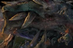  1boy 5girls 6+girls dragon dragon_(touhou) dragon_god hakurei_reimu inaba_tewi japanese_clothes lord_tenma_(touhou) miko multiple_girls mystic_square oekaki original shingyoku_(touhou) shinki_(touhou) touhou touhou_(pc-98) umigarasu_(coolier) yakumo_yukari 