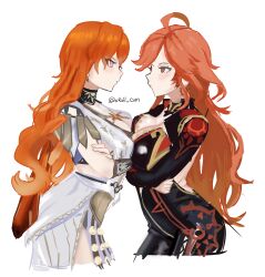  2girls absurdres augusta_(wuthering_waves) biker_clothes bikesuit black_bodysuit black_choker blaizepascal bodysuit breasts choker cleavage crossed_arms crossover dress eyes_visible_through_hair genshin_impact greco-roman_clothes high_heels highres large_breasts look-alike mavuika_(genshin_impact) motor_vehicle motorcycle multicolored_eyes multicolored_hair multiple_girls orange_eyes orange_hair red_eyes red_hair roman_clothes thighs white_dress wuthering_waves 