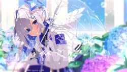  1girl amane_kanata amane_kanata_(work) angel angel_wings black_gloves blue_hair blush colored_inner_hair commentary_request gloves grey_hair hair_ornament hairclip halo holding holding_umbrella hololive jacket long_hair looking_at_viewer mamyouda mini_wings multicolored_hair official_alternate_costume official_alternate_hair_length official_alternate_hairstyle paid_reward_available purple_eyes sample_watermark single_hair_intake smile solo star_halo streaked_hair transparent transparent_umbrella umbrella virtual_youtuber watermark wings 