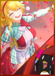  absurdres blonde_hair closed_eyes commentary confetti cropped_shirt english_commentary hairband highres hololive hololive_idol_uniform_(bright) hololive_indonesia jdon_in_my_soul_(meme) kaela_kovalskia layered_sleeves long_sleeves meme multicolored_shorts outstretched_arms pemaloe_(kaela_kovalskia) red_hairband short_over_long_sleeves short_sleeves shorts virtual_youtuber white_shorts yamabro 