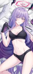  1girl abs belly black_gloves black_panties black_sports_bra blue_archive bra breasts coat floating_headgear gloves hair_over_shoulder halo headgear highres holding holding_bra holding_underwear holding_unworn_clothes long_hair looking_at_viewer lying medium_breasts on_back on_bed panties parted_bangs pillow pink_halo purple_eyes purple_hair qiu_mu sidelocks solo solo_focus sports_bra thighs underwear utaha_(blue_archive) white_coat 