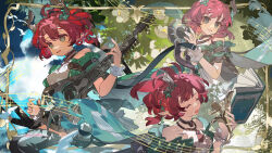  1girl absurdres ahoge bare_shoulders book chinese_commentary ciaccona_(wuthering_waves) closed_eyes commentary_request dress green_eyes green_jacket highres holding holding_instrument holding_microphone_stand instrument jacket microphone_stand multiple_views music musical_note open_book pointy_ears red_hair saucer_(saucer752) singing smile tacet_mark_(wuthering_waves) white_dress wuthering_waves 