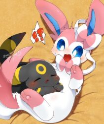  !? 2others blush blush_stickers closed_eyes drooling gen_2_pokemon gen_6_pokemon lying mouth_drool multiple_others nintendo on_back on_stomach open_mouth pokemon pokemon_(creature) pon_(nurunuruparty26) signature sleeping sleeping_on_pokemon surprised sylveon twitter_username umbreon wide-eyed 