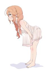 1girl absurdres barefoot bent_over black_panties blue_eyes blush braid closed_mouth dorontabi dress from_side highres loli long_hair nightgown orange_hair panties princess_connect! profile see-through_clothes shadow short_dress simple_background solo sweat twintails underwear white_background white_dress yuni_(princess_connect!) rating:Questionable score:325 user:danbooru