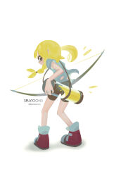  1girl absurdres arm_behind_back artist_name bike_shorts black_eyes black_shorts blonde_hair blunt_bangs bow_(weapon) braid braided_sidelock commentary copyright_name english_commentary eyebrow_cut floating_clothes floating_hair from_behind high_tops highres holding holding_bow_(weapon) holding_weapon ink ink_tank_(splatoon) inkling inkling_girl inkling_player_character invisible_floor karassawa leaning_forward legs_apart long_legs long_sidelocks looking_at_viewer looking_back nintendo no_pupils pointy_ears profile red_shoes shirt shoes short_hair_with_long_locks short_sleeves shorts shoulder_strap sidelocks simple_background single_braid sneakers solo splatoon_(series) splatoon_3 standing suction_cups t-shirt tentacle_hair torn_clothes torn_shirt twitter_username weapon white_background white_shirt 