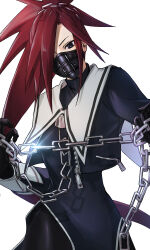  1girl black_eyes chain drill_hair gloves hair_ornament himezaki_aoi hitsuji_kusa justice_gakuen looking_at_viewer mask mask_on_head ponytail red_hair simple_background solo white_background 