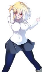  1girl ahoge alternate_breast_size arcueid_brunestud black_pantyhose blonde_hair blue_skirt blush boots breasts floating_clothes floating_hair hair_between_eyes hand_on_own_head highres jewelry large_breasts looking_at_viewer necklace pantyhose puyo991 short_hair skirt smile sweater tsukihime tsukihime_(remake) turtleneck turtleneck_sweater 