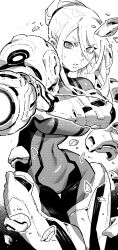  1girl aiming arm_cannon armor bodysuit breasts covered_navel cowboy_shot floating_hair greyscale hair_between_eyes highres ireading large_breasts long_hair looking_at_viewer metroid mole mole_under_mouth monochrome nintendo outstretched_arm parted_lips ponytail power_armor power_suit_(metroid) samus_aran shards simple_background skin_tight solo standing thigh_gap weapon zero_suit 