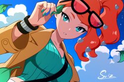  1girl aqua_eyes aqua_nails aqua_shirt artist_name black-framed_eyewear breasts brown_coat coat collarbone denim dutch_angle eyewear_on_head hair_ornament hand_up heart heart_hair_ornament highres holding holding_leaf jeans large_breasts leaf medium_breasts midriff nintendo orange-tinted_eyewear orange_hair pants pokemon pokemon_swsh ribbed_shirt shirt side_ponytail solo sonia_(pokemon) su1zide sunglasses swept_bangs tinted_eyewear upper_body v-neck wavy_hair 