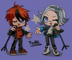  2boys ankle_boots aotsuki_eito black_hair black_jacket black_pants black_shoes blue_eyes boots commentary grey_boots grey_hair grey_sweater holding holding_microphone_stand hood hoodie jacket kawati long_sleeves looking_at_viewer male_focus microphone_stand multicolored_hair multiple_boys one_eye_closed open_mouth pants parted_bangs purple_background red_hair red_hoodie shoes simple_background smile streaked_hair sumino_takumi sweater teeth the_hundred_line_-last_defense_academy- upper_teeth_only 