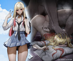  1boy 1girl absurdres aelion_draws artist_name ass blonde_hair blush boy_on_top breasts butt_crack cellphone cheating_(relationship) dark-skinned_male dark_skin doggystyle ear_piercing face_down face_in_pillow gojou_wakana hand_on_another&#039;s_head head_pinned_down hetero highres huge_filesize instant_loss jewelry kitagawa_marin long_hair looking_at_viewer lying makeup multiple_views netorare on_stomach patreon_username phone piercing pillow red_eyes rough_sex runny_makeup sex sex_from_behind smartphone smile sono_bisque_doll_wa_koi_wo_suru standing top-down_bottom-up  rating:Explicit score:204 user:danbooru