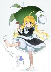  2girls absurdres alternate_costume antenna_hair apron barefoot black_dress black_eyes blonde_hair bloomers blue_pikmin deformed dress enmaided frilled_apron frills highres holding holding_leaf hufy invisible_floor leaf leaf_umbrella leg_up long_hair looking_at_viewer looking_to_the_side maid mini_person minigirl multiple_girls nintendo on_water open_mouth personification petite pikmin_(series) plant_hair pointy_ears rain simple_background solid_circle_pupils splashing standing standing_on_one_leg three_quarter_view underwear water white_apron white_background white_bloomers yellow_pikmin 