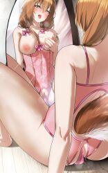  1girl absurdres anal anal_object_insertion animal_ears arm_support ass ayunda_risu back blush bow breastless_clothes breastless_leotard breasts brown_hair choppy_bangs clothed_masturbation commission cowboy_shot crotchless crotchless_leotard dildo dildo_riding double_penetration feet_out_of_frame female_masturbation female_orgasm from_behind full-length_mirror grabbing_own_breast green_eyes hair_ornament highres hololive hololive_indonesia leaf_hair_ornament leotard lingerie looking_at_mirror looking_at_self low_twintails m_legs masturbation medium_breasts mirror narcissism navel nipples object_insertion on_floor open_mouth orgasm pink_bow pink_leotard pixiv_commission pussy pussy_juice pussy_juice_stain reflection reflection_focus rolling_eyes saliva see-through_clothes sex_toy sitting solo spread_legs squirrel_ears squirrel_girl squirrel_tail tail tamamoice tongue tongue_out torogao twintails uncensored underwear vaginal vaginal_object_insertion 