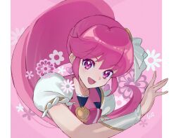  1girl absurdres aino_megumi border brooch commentary_request cure_lovely flower hair_ornament happinesscharge_precure! heart heart_brooch heart_hair_ornament highres jewelry magical_girl open_mouth pink_background pink_eyes pink_hair ponytail precure puffy_short_sleeves puffy_sleeves shipu_(gassyumaron) shirt short_sleeves signature smile solo upper_body vest white_border white_shirt wide_ponytail 