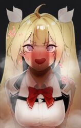  1girl @_@ ahoge artist_request blonde_hair blunt_bangs blush bow bowtie breasts counter:side hair_ornament heart highres korean_text long_hair naielle_bluesteel open_mouth penis_shadow purple_eyes red_bow red_bowtie sweatdrop twintails 