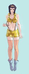  1girl absurdres breasts cleavage cowboy_bebop crop_top darao_(daradara_suyaaa) faye_valentine green_eyes hairband highres large_breasts lipstick looking_at_viewer makeup purple_hair short_hair shorts solo suspenders thighhighs yellow_hairband 