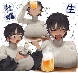  1girl alcohol arrow_(symbol) beer beer_mug black_eyes black_hair black_jacket black_nails bon_(vtuber) breast_rest breasts breasts_on_table chopsticks closed_eyes cup dark-skinned_female dark_skin drinking drooling ear_piercing earrings fang fish_skeleton_earrings fur-trimmed_jacket fur_trim gurenola highres holding holding_chopsticks indie_virtual_youtuber jacket jewelry large_breasts mouth_drool mug multicolored_hair open_mouth piercing pink_hair ribbed_sweater short_hair sparkling_eyes streaked_hair sweater virtual_youtuber 