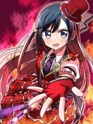  1girl birthday black_hair blush chase!_(love_live!) commentary fingerless_gloves fire gloves grey_eyes highres hot_heartlove looking_at_viewer love_live! love_live!_nijigasaki_high_school_idol_club one_side_up solo yuki_setsuna 