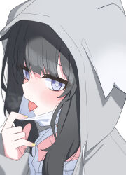  1girl absurdres animal_ear_hood black_hair blue_archive blue_eyes blush close-up dog_girl fake_animal_ears hibiki_(blue_archive) highres hood hood_up long_hair mask mask_pull mouth_mask nail_polish portrait sidelocks solo tongue tongue_out ugaaaa1 white_mask yellow_nails 