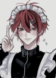  1boy apron black_dress closed_mouth commentary_request cross cross_earrings dress ear_piercing earrings fang frilled_apron frills grey_background hair_between_eyes hair_ornament highres jewelry looking_at_viewer maid_headdress male_focus mark_under_eye mole mole_on_neck original oysi_mysi piercing portrait red_eyes red_hair short_hair simple_background skin_fang slit_pupils smile solo sparkle v white_apron white_headdress x_hair_ornament zipper_pull_tab 