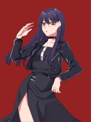 black_dress black_jacket black_shirt collar collarbone dress eyebrows eyelashes glasses hair_between_eyes hand_up jacket long_sleeves looking_at_viewer looking_down purple_hair red_eyes shirt shizuhara_hiruko simple_background the_hundred_line_-last_defense_academy-