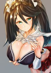  .atamuk 10s 1girl 4n. bare_shoulders black_bra blue_eyes blue_hair bra bra_pull breasts brown_hair cleavage clothes_lift clothes_pull detached_sleeves female_focus from_above green_eyes hair_between_eyes hair_ornament hair_ribbon hairband isuzu_(kancolle) japanese_clothes kantai_collection large_breasts long_hair long_twintails looking_at_viewer matching_hair/eyes midriff miko miniskirt perspective pleated_skirt ribbon school_uniform serafuku shiny_skin shirt shirt_lift simple_background skirt smile solo twintails underwear 