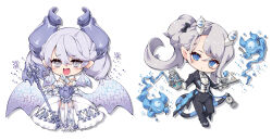  2girls arias_the_labrynth_butler black_jacket black_pants black_shoes breasts chibi commentary_request cup dress duel_monster gloves grey_hair hand_up holding holding_teapot holding_tray horns jacket lovely_labrynth_of_the_silver_castle medium_breasts multiple_girls nakazawa_aki open_clothes open_jacket pants shirt shoes simple_background sugar_cube tail teapot tray white_background white_dress white_gloves white_shirt yu-gi-oh! 