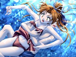  1boy 1girl air_bubble bad_source bikini blue_hair blue_male_swimwear blue_swim_trunks breasts bubble freediving gingham gingham_bikini grabbing_another&#039;s_breast green_eyes groping hetero hohoemi_o_mou_ichido_~smile_again~ long_hair male_swimwear mizushiro_takuya nakatani_haruna nipples orange_hair ponytail print_bikini print_swimsuit short_hair swim_trunks swimsuit ume-soft underwater  rating:Questionable score:8 user:szgdf
