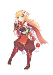  1girl bamboo bare_shoulders black_gloves blonde_hair blue_eyes blush breasts closed_mouth detached_sleeves dot_nose dress egasumi elbow_gloves fingerless_gloves fishnets flower_ornament fox_mask full_body gloves groin hand_up highres hip_vent large_breasts long_hair looking_at_viewer mask mask_on_head ninja ninon_(oedo)_(princess_connect!) ninon_(princess_connect!) official_art pelvic_curtain princess_connect! red_dress red_scarf ribbon_trim rope sandals sash scarf scroll seigaiha shimenawa shiny_skin shuriken smile solo standing standing_on_one_leg symbol-shaped_pupils tabi tachi-e tassel transparent_background two_side_up weapon zouri 