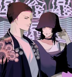  2boys androgynous beanie black_choker black_hair bucket_hat cheek_piercing choker earrings eyebrow_cut face_piercing facial_hair hakari_kinji hat highres honeycomb_(pattern) hoshi_kirara jewelry jujutsu_kaisen lip_piercing medium_hair multiple_boys mustache_stubble piercing purple_hair shirt star-shaped_pupils star_(symbol) stubble symbol-shaped_pupils upper_body white_shirt yuz46 