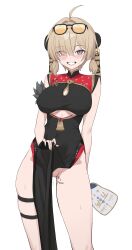  1girl ahoge black_dress blush body_writing breasts brown_hair china_dress chinese_clothes clothes_lift dress eyewear_on_head hair_over_one_eye hand_fan highres holding holding_fan large_breasts looking_at_viewer pelvic_curtain pelvic_curtain_lift purple_eyes pussy_juice short_twintails simple_background sink_(fukasa259742) smile solo standing sunglasses sweety_(zenless_zone_zero) thigh_strap thighs tinted_eyewear twintails white_background yellow-tinted_eyewear zenless_zone_zero 