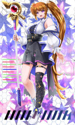  1girl alternate_costume asymmetrical_legwear bare_shoulders belt black_skirt black_thighhighs blue_shirt breasts brown_hair commentary_request full_body highres holding holding_staff large_breasts long_hair long_sleeves looking_at_viewer lyrical_nanoha mage_staff mahou_shoujo_lyrical_nanoha_strikers multiple_belts off_shoulder_shirt open_mouth paid_reward_available print_thighhighs puffy_sleeves purple_eyes raising_heart raising_heart_(accel_mode) shirt shoes side_ponytail single_thighhigh skirt sneakers solo sougetsu_izuki staff takamachi_nanoha thigh_strap thighhighs turtleneck turtleneck_shirt very_long_hair white_shoes 