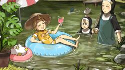  3girls :d aqua_apron barefoot bendy_straw bird blonde_hair blue_innertube brown_eyes brown_hair brown_hat chicken closed_eyes clumsy_nun_(diva) commentary cup diva_(hyxpk) drinking_straw duck english_commentary fishing_rod frog frog_on_head froggy_nun_(diva) glass hat highres holding holding_cup holding_fishing_rod little_nuns_(diva) messy_hair multiple_girls nun old-fashioned_swimsuit one-piece_swimsuit open_mouth parasol partially_submerged pink_innertube pond rock shark_fin smile star_nun_(diva) star_ornament swimsuit tinted_eyewear traditional_nun umbrella unworn_eyewear yellow_swimsuit 