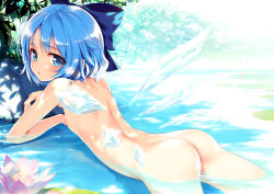 1girl ass back bad_id bad_pixiv_id blue_eyes blue_hair blush bow cirno completely_nude female_focus flat_chest flower hair_bow highres ice ice_wings ke-ta light lily_pad loli looking_at_viewer looking_back lying matching_hair/eyes nipples nude on_stomach open_mouth partially_submerged short_hair solo touhou tree_shade water wings rating:Questionable score:272 user:danbooru