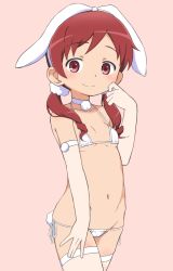 1girl animal_ears bikini bubukka choker collarbone cowboy_shot elbow_gloves fake_animal_ears female_focus flat_chest gloves gochuumon_wa_usagi_desu_ka? groin hairband loli looking_at_viewer low_twintails micro_bikini natsu_megumi navel pink_background rabbit_ears red_eyes red_hair short_hair side-tie_bikini_bottom smile solo standing swimsuit tareme thighhighs twintails white_bikini white_gloves white_thighhighs rating:Questionable score:314 user:danbooru