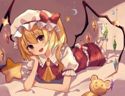  1girl absurdres ascot blonde_hair bow collared_shirt commentary crystal_wings fang flandre_scarlet frilled_skirt frills full_body harumi_(harumi_77162) hat head_rest highres light_blush lying mob_cap multicolored_wings on_bed on_stomach open_mouth red_bow red_eyes red_skirt red_vest shirt short_hair short_sleeves side_ponytail skirt skirt_set smile socks solo star-shaped_pillow stuffed_animal stuffed_toy teddy_bear thighhighs touhou vest white_hat white_shirt white_socks white_thighhighs wings yellow_ascot 