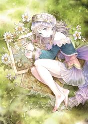  1girl absurdres atelier_(series) atelier_totori back_bow bare_shoulders barefoot blue_sleeves bow dress feet fetal_position flower grey_eyes grey_hair hair_spread_out highres kishida_mel legs long_hair lying map official_art skirt solo tiara totooria_helmold 