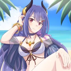  1girl arm_up bikini black_horns blue_hair bracelet breasts closed_mouth demon_girl demon_horns gold_bracelet hair_ornament hairclip halterneck hand_in_own_hair hand_on_knees head_tilt horizon horns jewelry long_hair looking_at_viewer medium_breasts multiple_bracelets nattsu_(nattsu_shiro) necklace ocean princess_connect! red_eyes rei_(princess_connect!) rei_(summer)_(princess_connect!) see-through_clothes see-through_sleeves swimsuit 